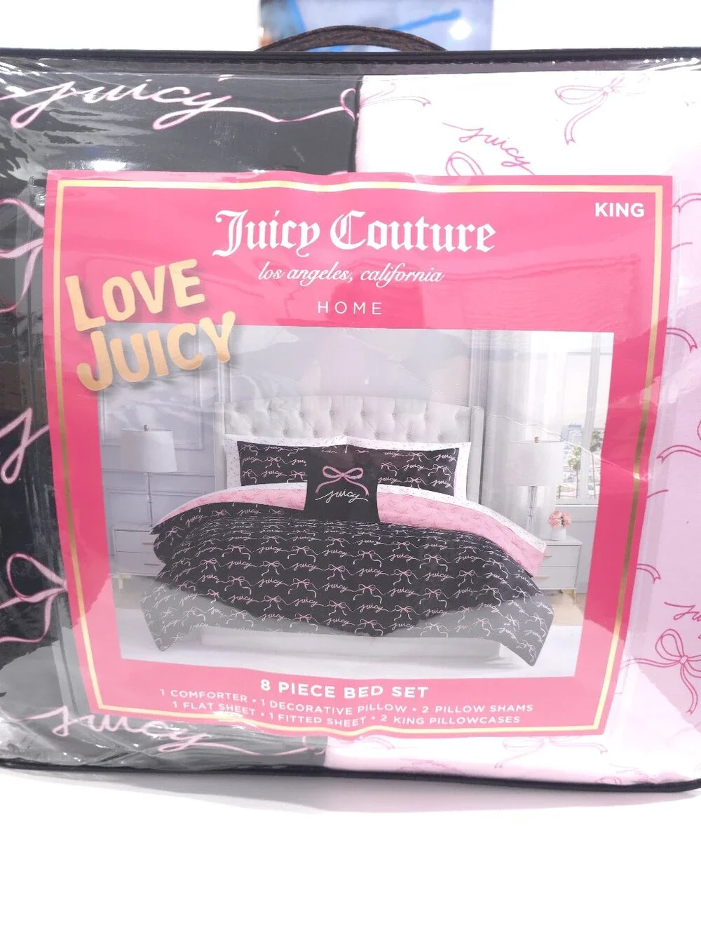 Juicy Couture KING Pink Bow 8 piece Reversible Comforter and Sheets set